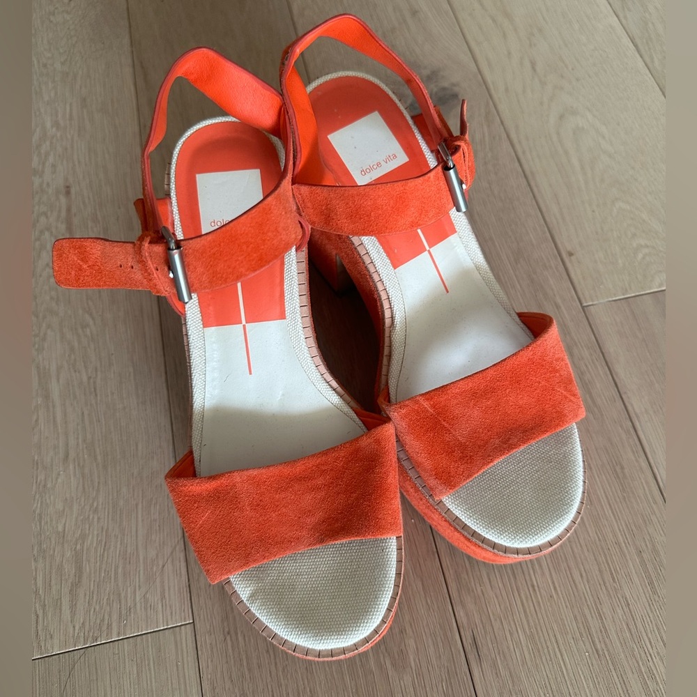 Poppy red/ orange suede women’s platform sandals